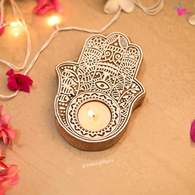 Wooden Hamsa Hand Tealight Candle Holder for Peace & Prosperity (Set of 20)