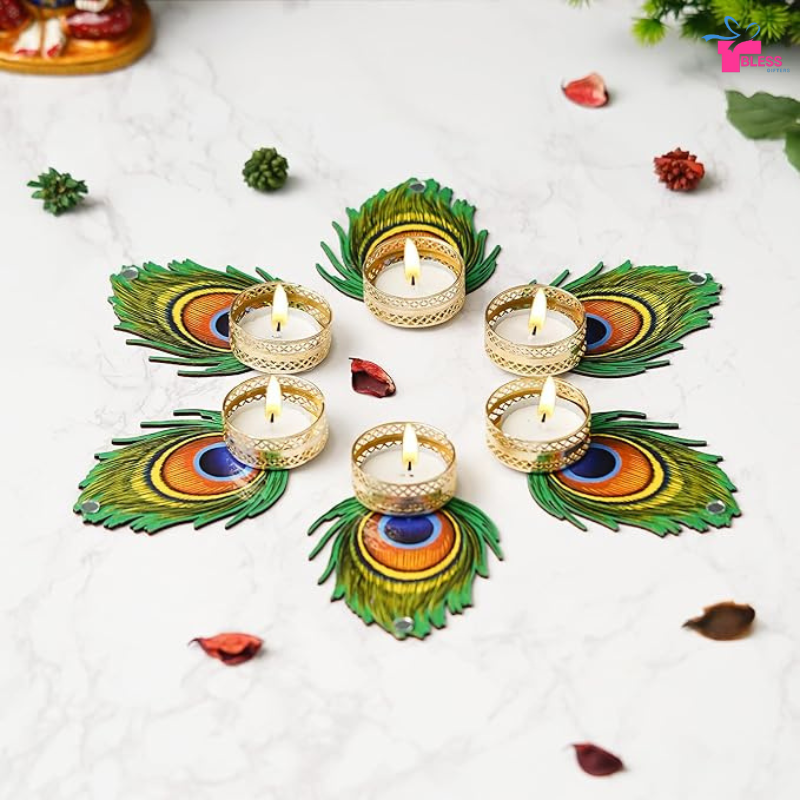 Peacock Feather Tealight Holder Set, Perfect for Diwali Decor (Set of 50)