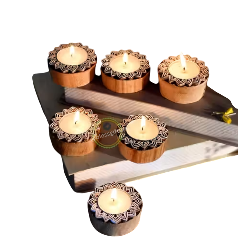 Wooden Block Print Rangoli Tealight Holders for Diwali (Set of 50)