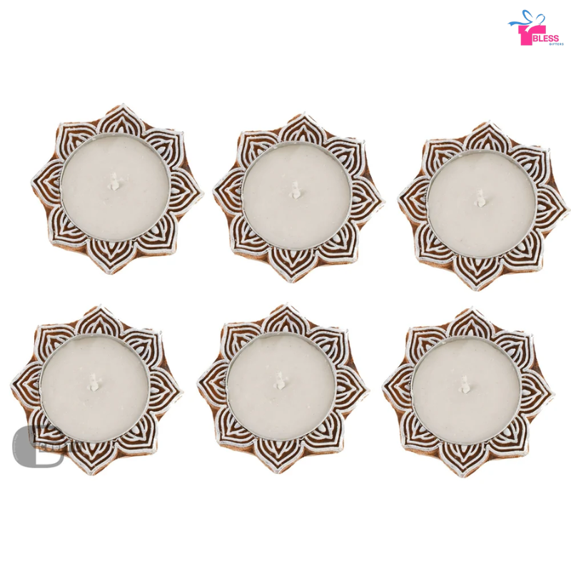Festival Decorated Wooden Tealight For Diwali Poojan (Set of 50)