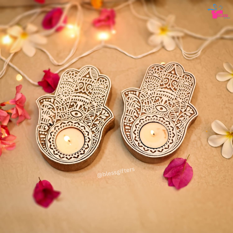 Wooden Hamsa Hand Tealight Candle Holder for Peace & Prosperity (Set of 20)