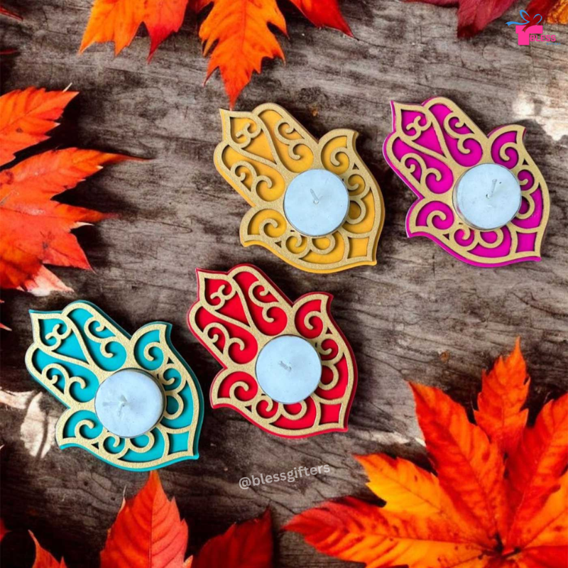Colorful Wooden Hamsa Hand Tealight Holders for Diwali Decoration (Set of 20)