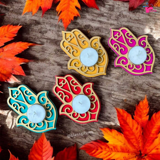 Colorful Wooden Hamsa Hand Tealight Holders for Diwali Decoration (Set of 20)