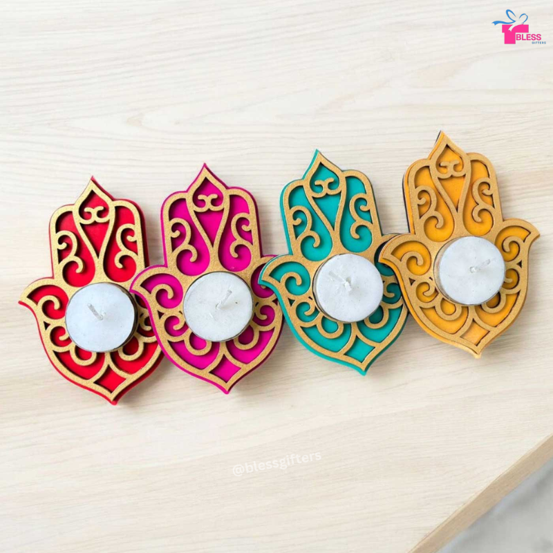 Colorful Wooden Hamsa Hand Tealight Holders for Diwali Decoration (Set of 20)
